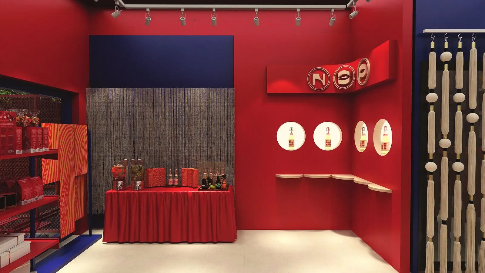 Góc trưng bày rượu nếp NEP với bàn phủ khăn đỏ
