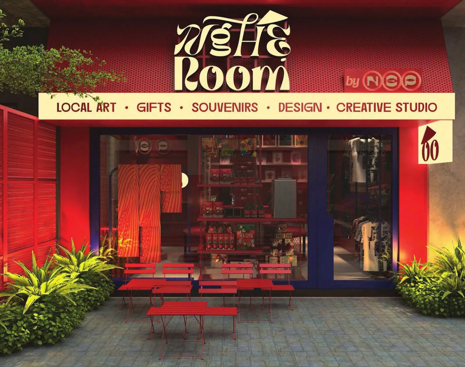 Mặt tiền Nghệ Room màu đỏ với bảng hiệu Local art, Gifts, Souvenirs, Design, Creative studio